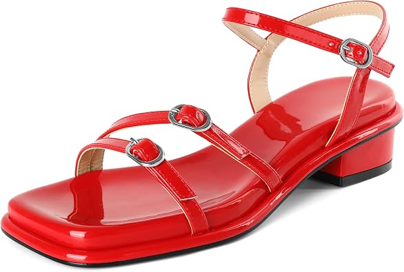 Soireelady Womens Chunky Block Low Heel Sandals Square Open Toe Strappy Ankle Strap Buckle Party Prom Dress Sandals 1.2