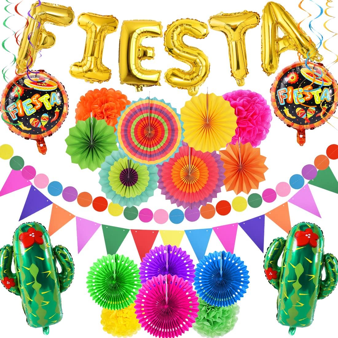38 PCS Fiesta Mexican Party Decoration Fiesta and Cactus Balloons Paper Fans Pom Poms Triangle Bunting Banner for Fiesta Mexican Cinco De Mayo Birthday Party Supplies