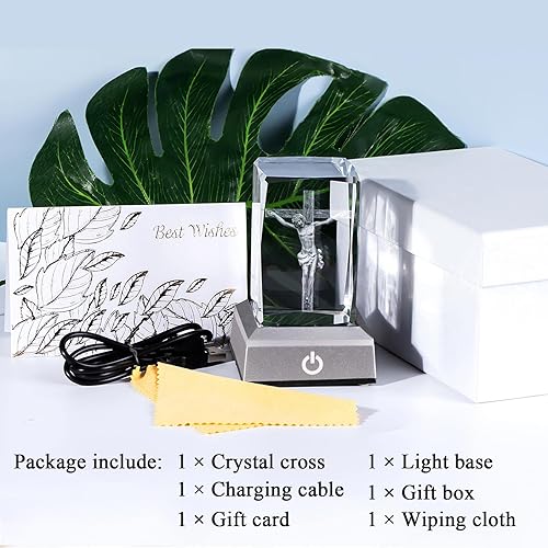 Miniatura 7 de YWHL Figura de cruz de Jesús 3D con base de luz colorida, crucifijo grabado con láser, regalo religioso para mujeres amigas, decoración de cruz