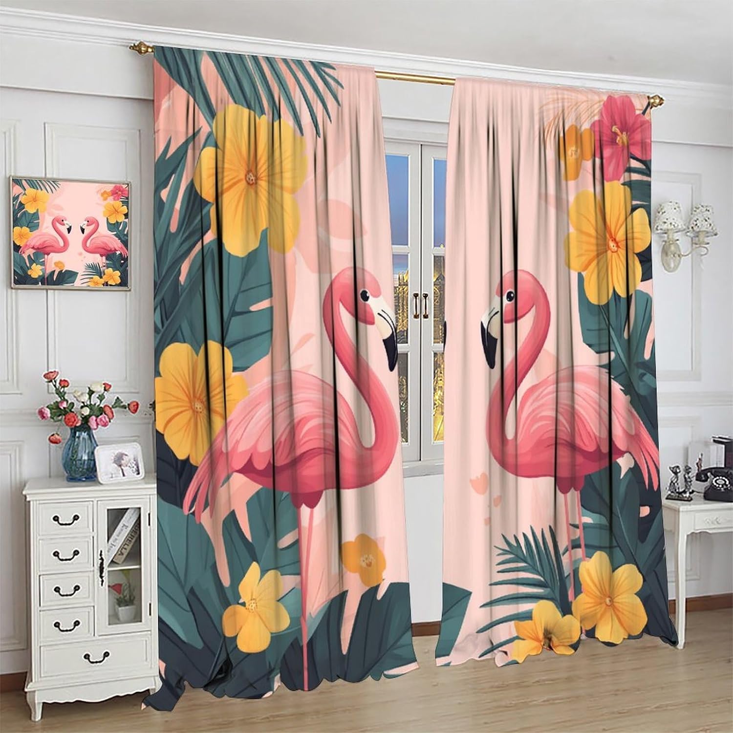 Cartoon Flamingo Blackout Curtains for Bedroom/Living Room, Tropical Palm Leaves Floral Thermal Insulated Curtains Rod Pocket Window Drapes, 2 Panels/Each 21" W x 63" L