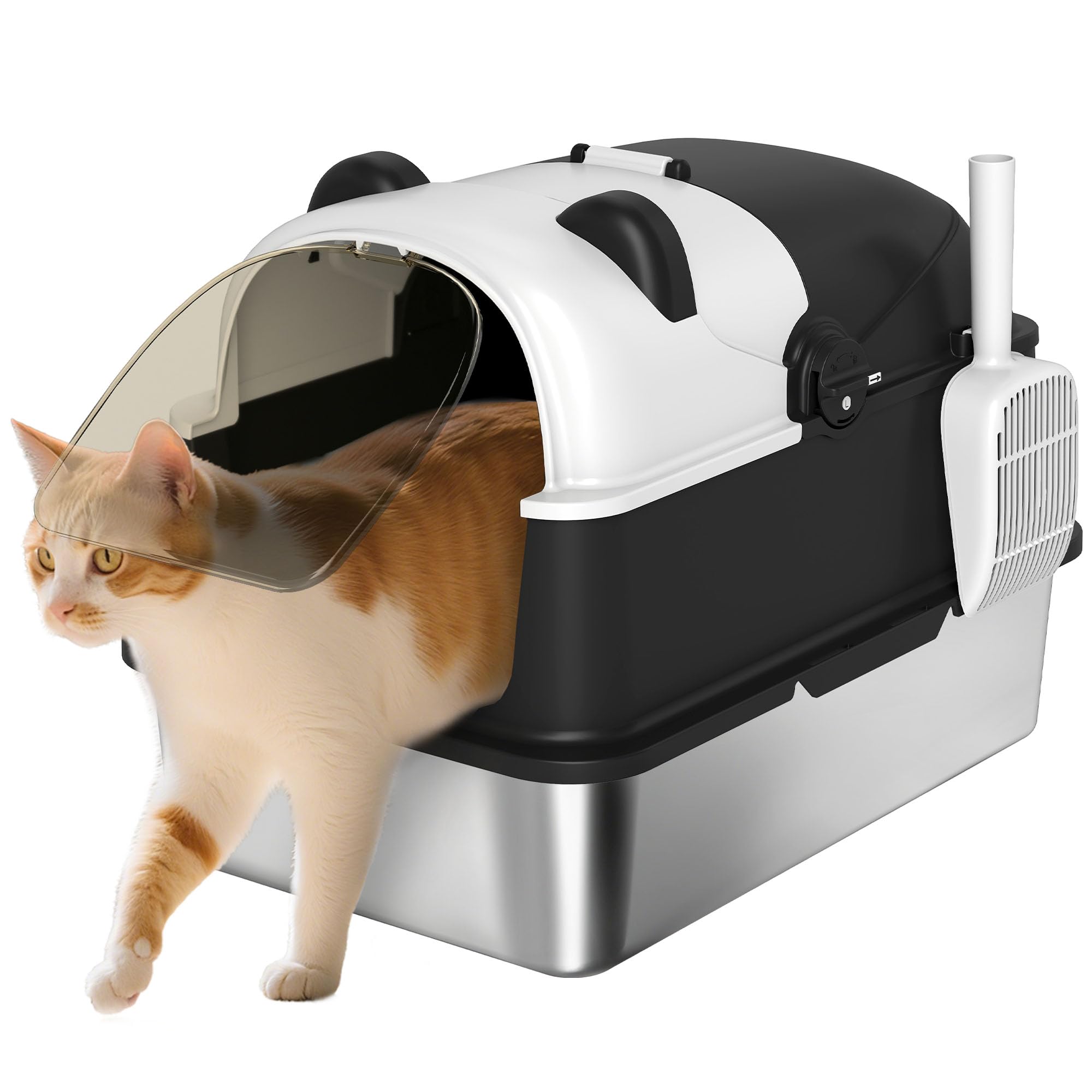 PawHut XL Bandeja Sanitaria de Acero Inoxidable con Tapa, Bandeja Sanitaria Extra Grande con Pala y Tapa abatible 180°, antifugas, Antiadherente, antiolor, fácil de Limpiar, para Gatos Grandes,