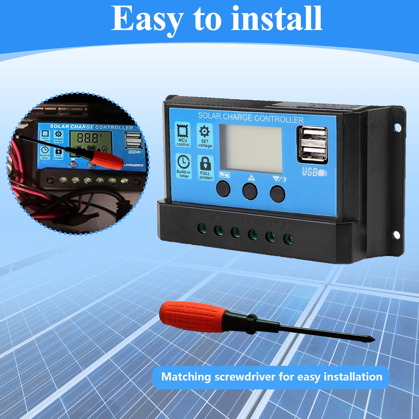 30A Regulateur Panneau Solaire Régulateur Solaire Contrôleur de Charge Solaire 12V/24V Régulateur Panneau Solaire de Batterie Intelligent PWM avec LCD Affichage