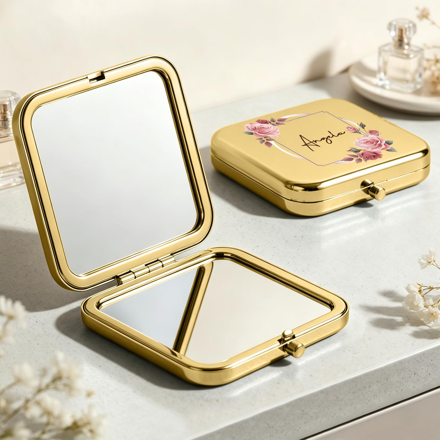 Custom Compact Travel Mirror with Floral & Name image 2