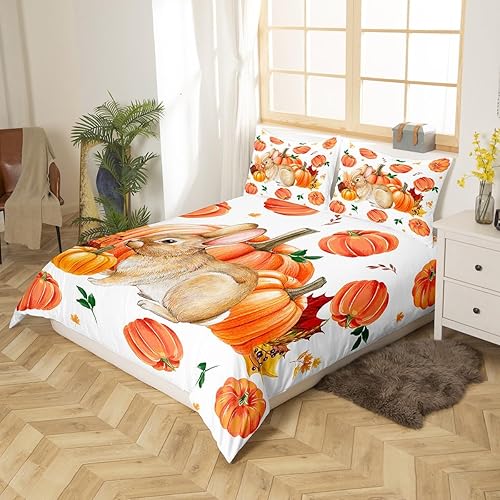Miniatura 2 de Feelyou Juego de funda de edredón de otoño tamaño Queen para niños y niñas, juego de ropa de cama de calabaza ultra suave y lindo RABIT, juego de