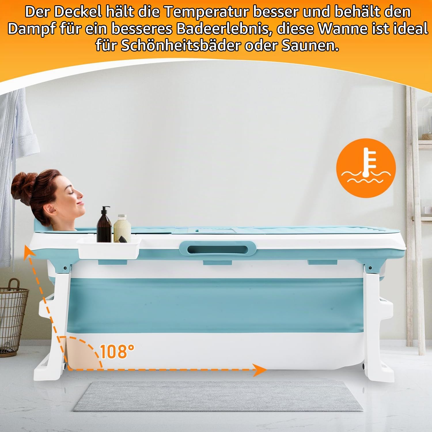 Ikodm Faltbare Badewanne Erwachsene - XXL 149x60x50cm, Klappbare mobile Badewanne mit Abdeckung, Massagerollen & Korb, Klappbadewanne für Badezimmer, Dusche und Balkon (Blau)