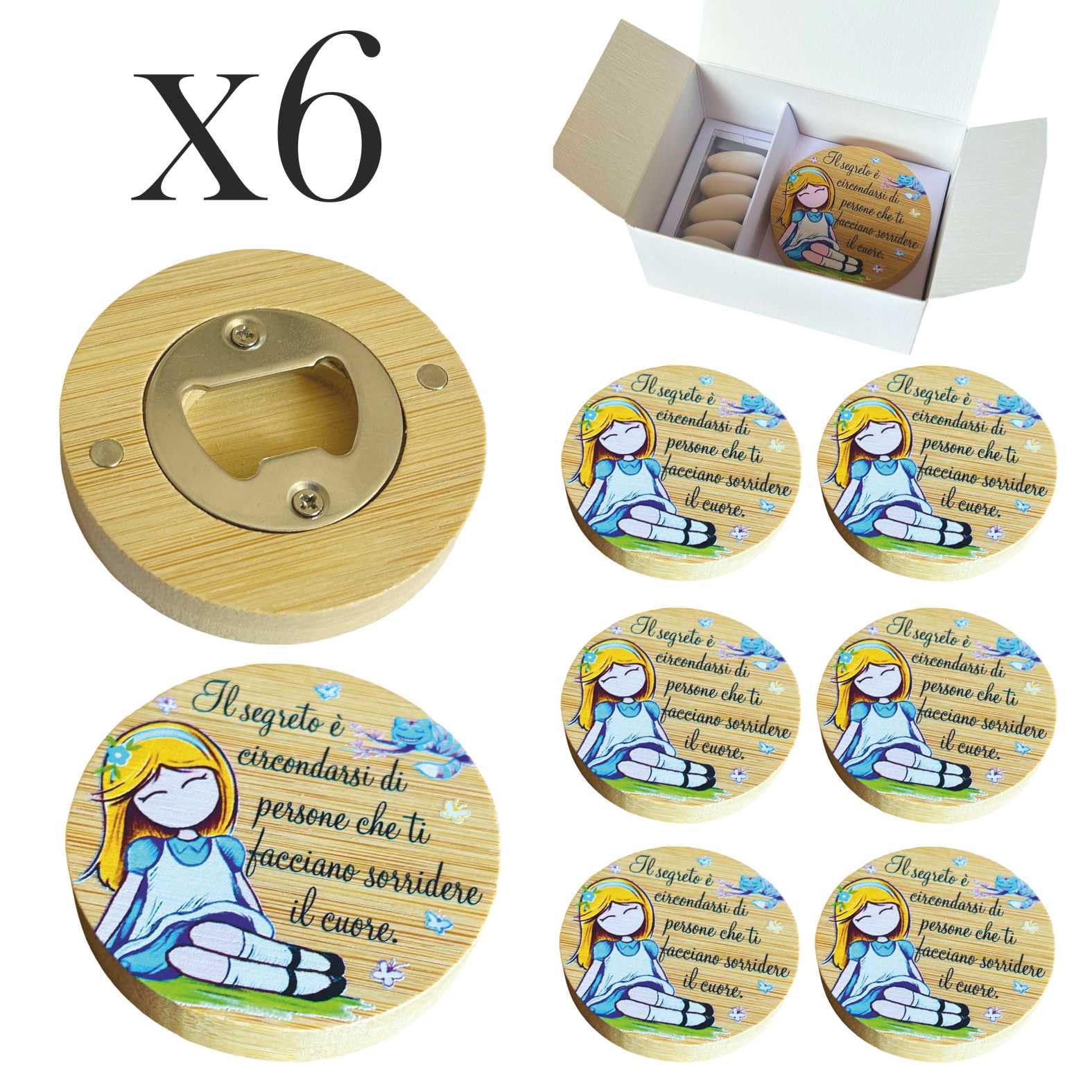 Regalami Set 6 Bomboniere Stappa Bottiglie Magnetico in Legno Confezione Completa con Scatola, Confetti e Biglietto (Alice)