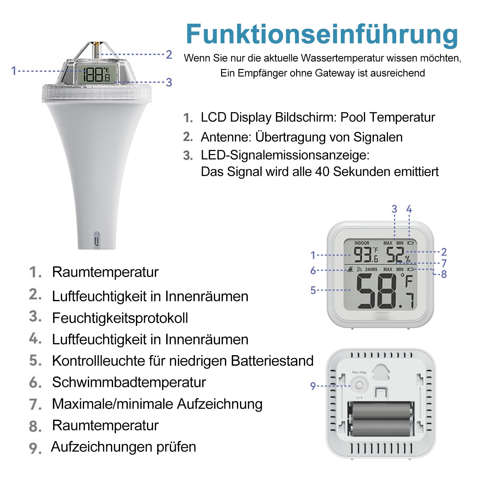 Wlan Pool Termometro galleggiante, app per piscina, termometro digitale per acqua, con sensore esterno, per laghetto, piscina interna ed esterna