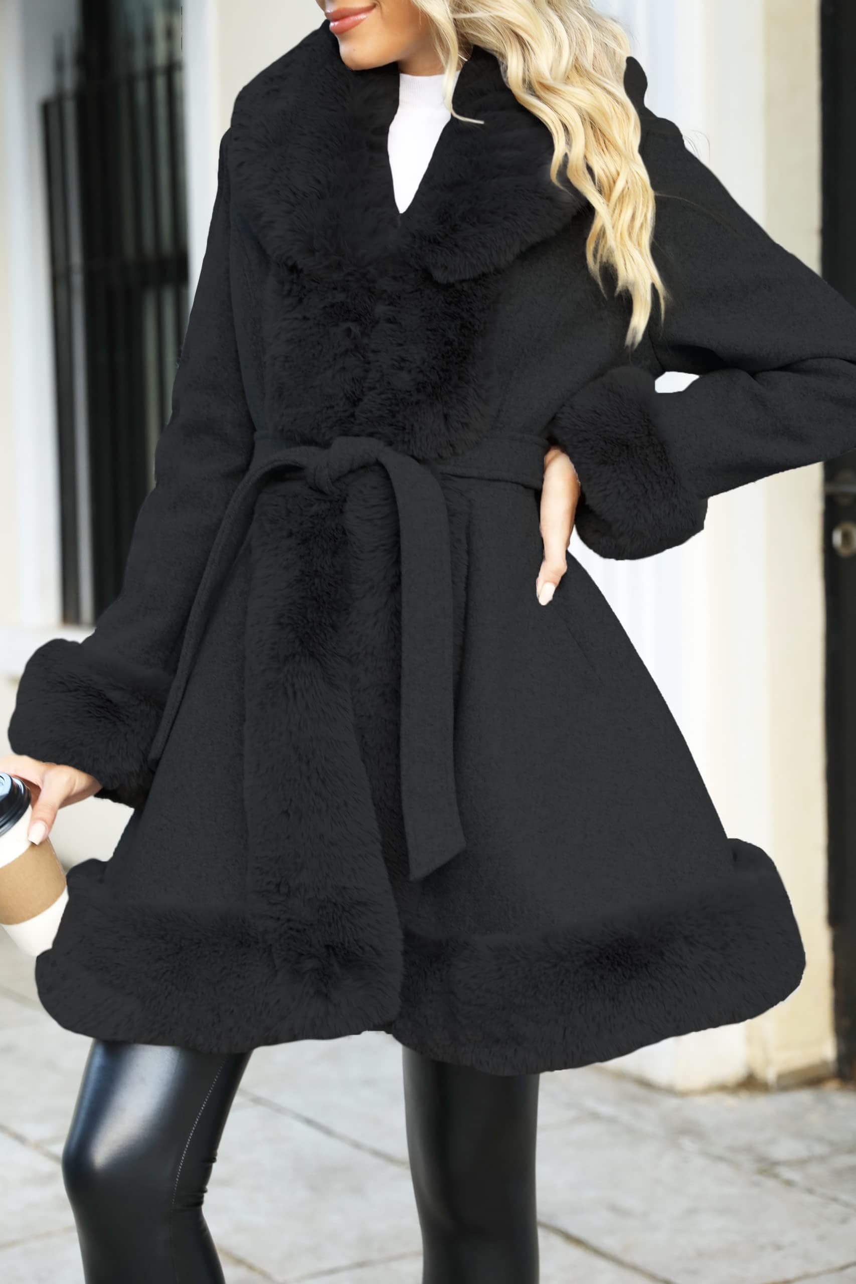 Giolshon Abrigo Largo de Piel Sintética y Mezcla de Lana Sintética para Mujer Vestido de Forro Polar con Cinturón Abrigo Cálido de Invierno Sherpa Parka