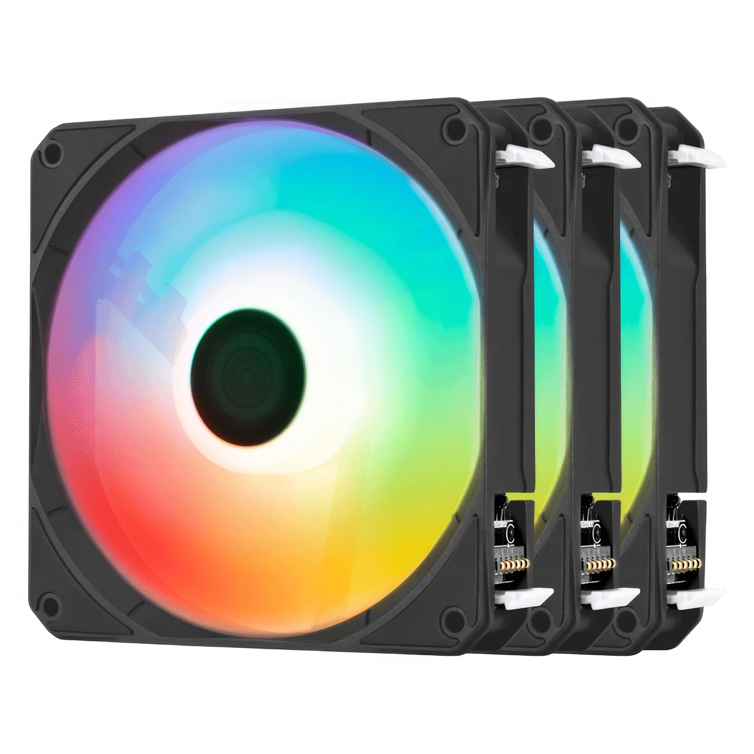 Three AeroCool Link 120mm ARGB fans with colorful lighting