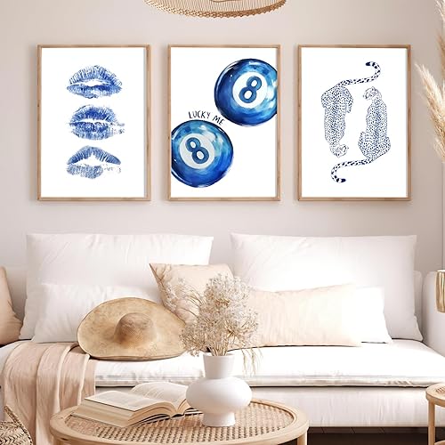 Miniatura 6 de Modern Wall Art Preppy Aesthetic Retro Maximalist Aesthetic Apartment Home Decor Trendy Blue White Print Set of 3 UnFramed 12x16 Inch Wall Art for