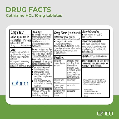Miniatura 7 de Ohm Cetirizina 10 mg, alivio de la alergia durante todo el día (100 unidades) tabletas antihistamínicas para alergias en interiores y exteriores
