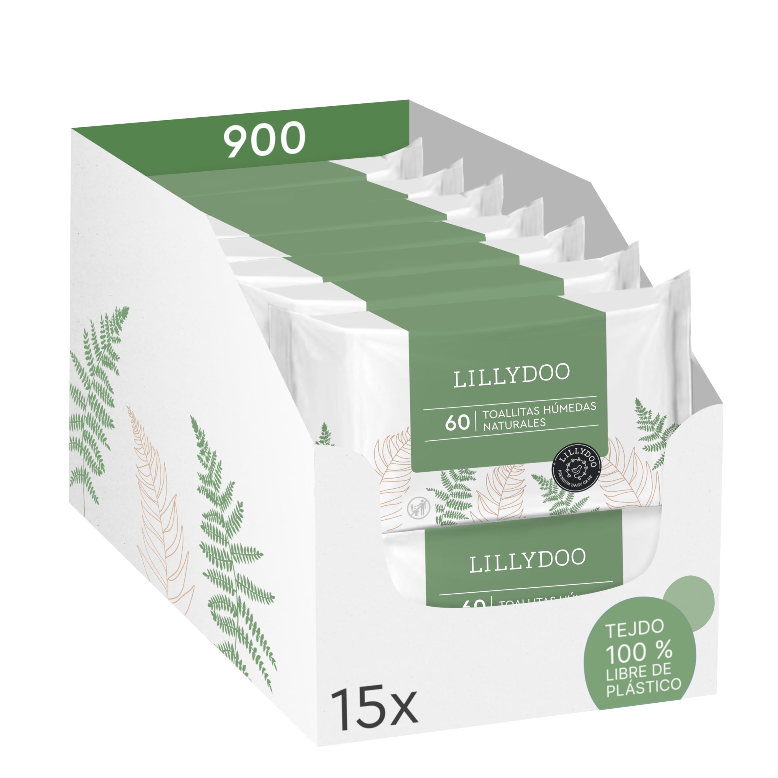 Toallitas húmedas naturales LILLYDOO green, 900 unidades (15x60), 100% sin plástico y resistentes – sin perfumes, limpieza delicada y suave para piel sensible, dermatológicamente testadas