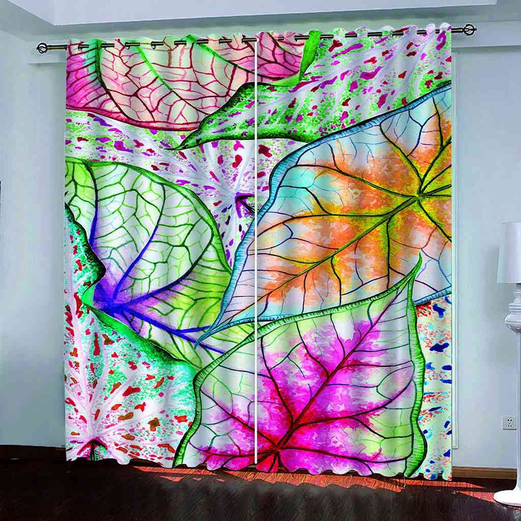 Rideaux de fenêtres en tissu lourd occultant 3D feuilles de plantes colorées
