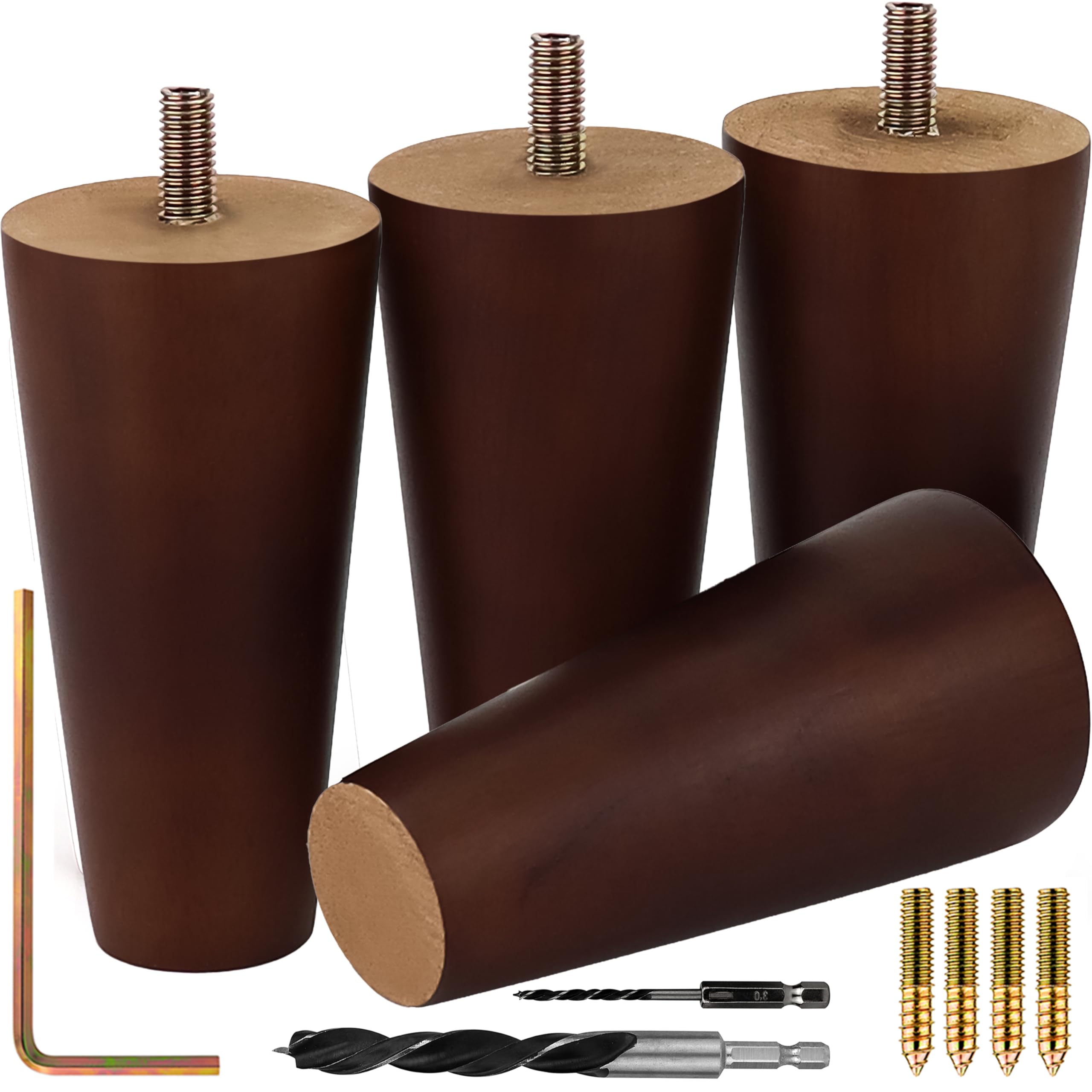 Premium Walnut Wood Furniture Legs (Full Install Kit) - Pick Your Size and Color