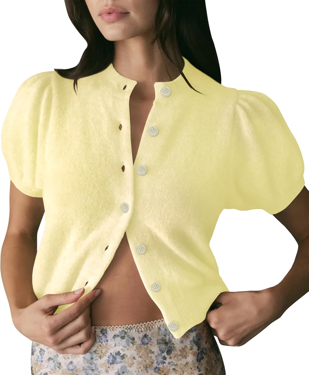 Womens Puff Short Sleeve Cardigan Sweaters Cropped Button up Lightweight Y2k Knit Summer Cardigans