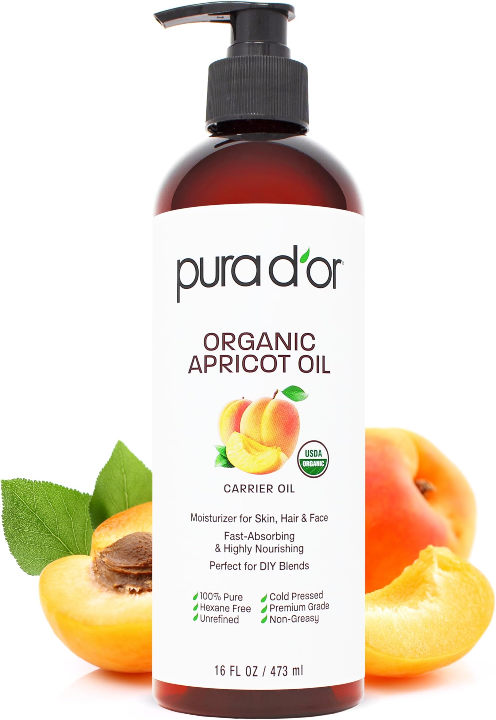 PURA D'OR ORGANIC Apricot Kernel Oil (16 Oz) 100% Pure & Natural USDA Certified Cold Pressed Carrier Oil - Antioxidant & Vitamin E Rich Moisturizer for Natural Glow & Softness - Face, Skin & Hair