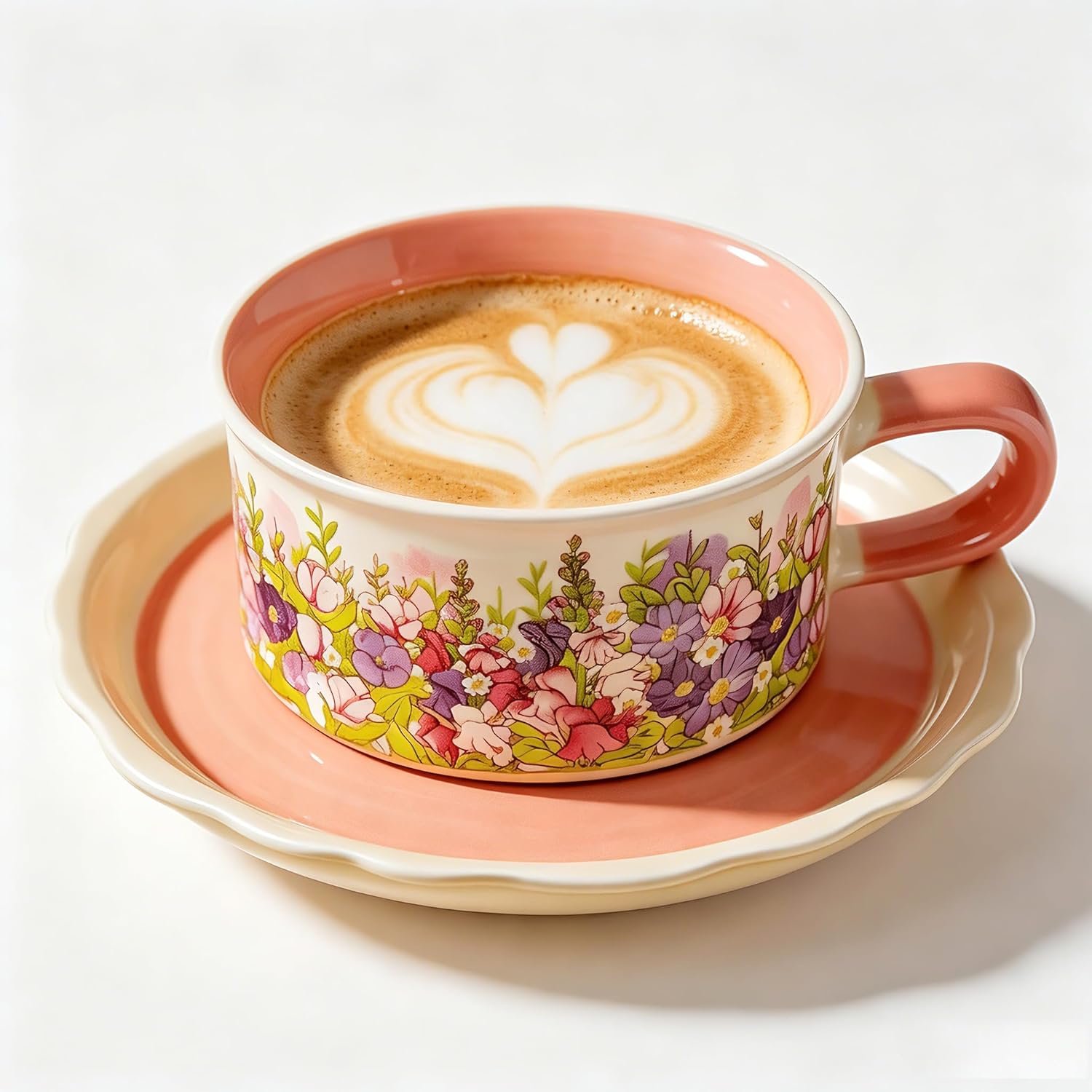 8.45oz Ceramic Tea Cup with Saucer, Pink Vintage Floral Coffee Cup Mug Set, Large Porcelain Cup for Tea Coffee Cappuccino, Gift for Women Mom