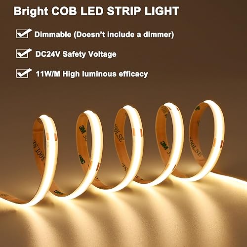 Miniatura 2 de TOPAI Tira de luces LED COB de 24 V, 3000 K, blanco cálido, 16.4 pies, ultra brillante, 400 lmft, CRI92 480LEDM, alta densidad, autoadhesiva,