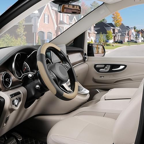 Miniatura 6 de SEG Direct Funda universal para volante de automóvil, de 14.5 a 15 pulgadas, tamaño estándar, piel de microfibra, color negro y beige