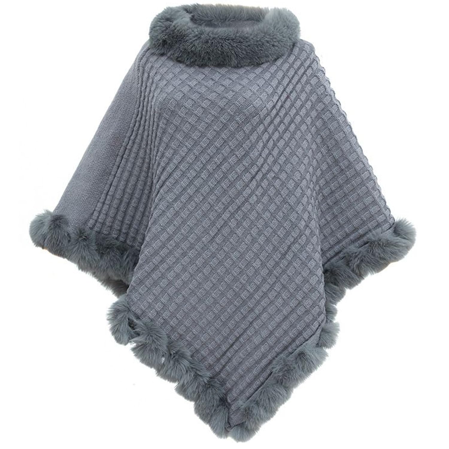 Poncho d’Hiver Femme Cape Chaud Manteau en Fausse Fourrure Tricoté Élégante Chale pour l' Automne Hiver