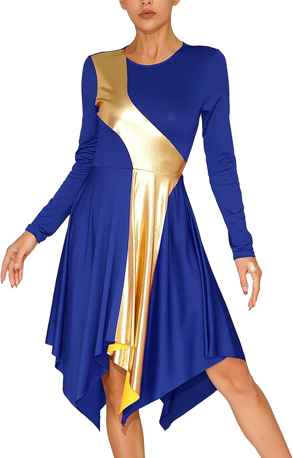 Women's Long Sleeve Asymmetrical Praise Dance Metallic Gold Color Block Church Worship Lyrical Dancewear