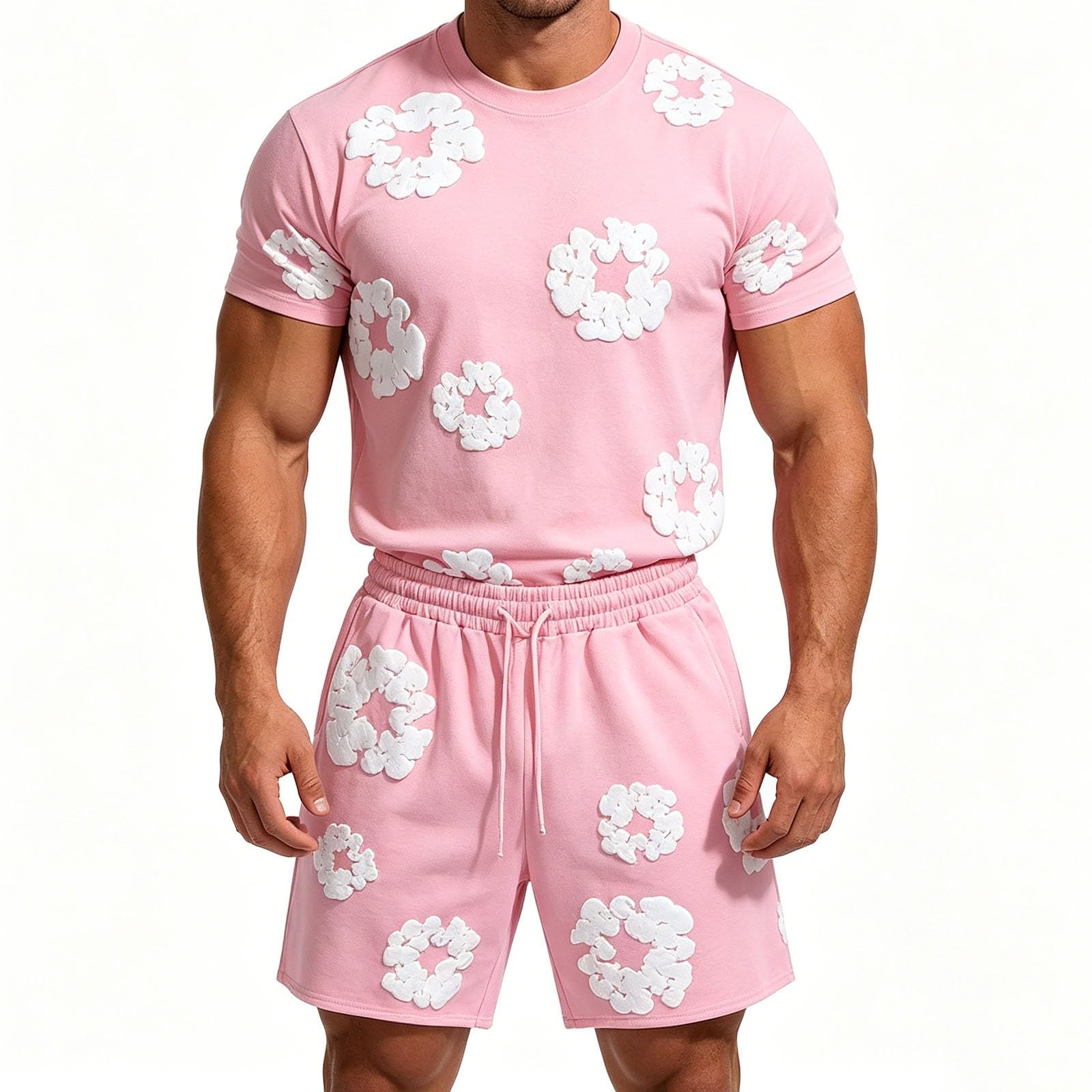 Sommer Outfit Herren 2 Teiler Herren Sommer Sportanzug T-Shirt Und Shorts Set Blumen Motiv Trainingsanzug Jogginganzug Kurz Zweiteiler Freizeitanzug Sport Kleidung Y2K Streetwear Fitnessanzug