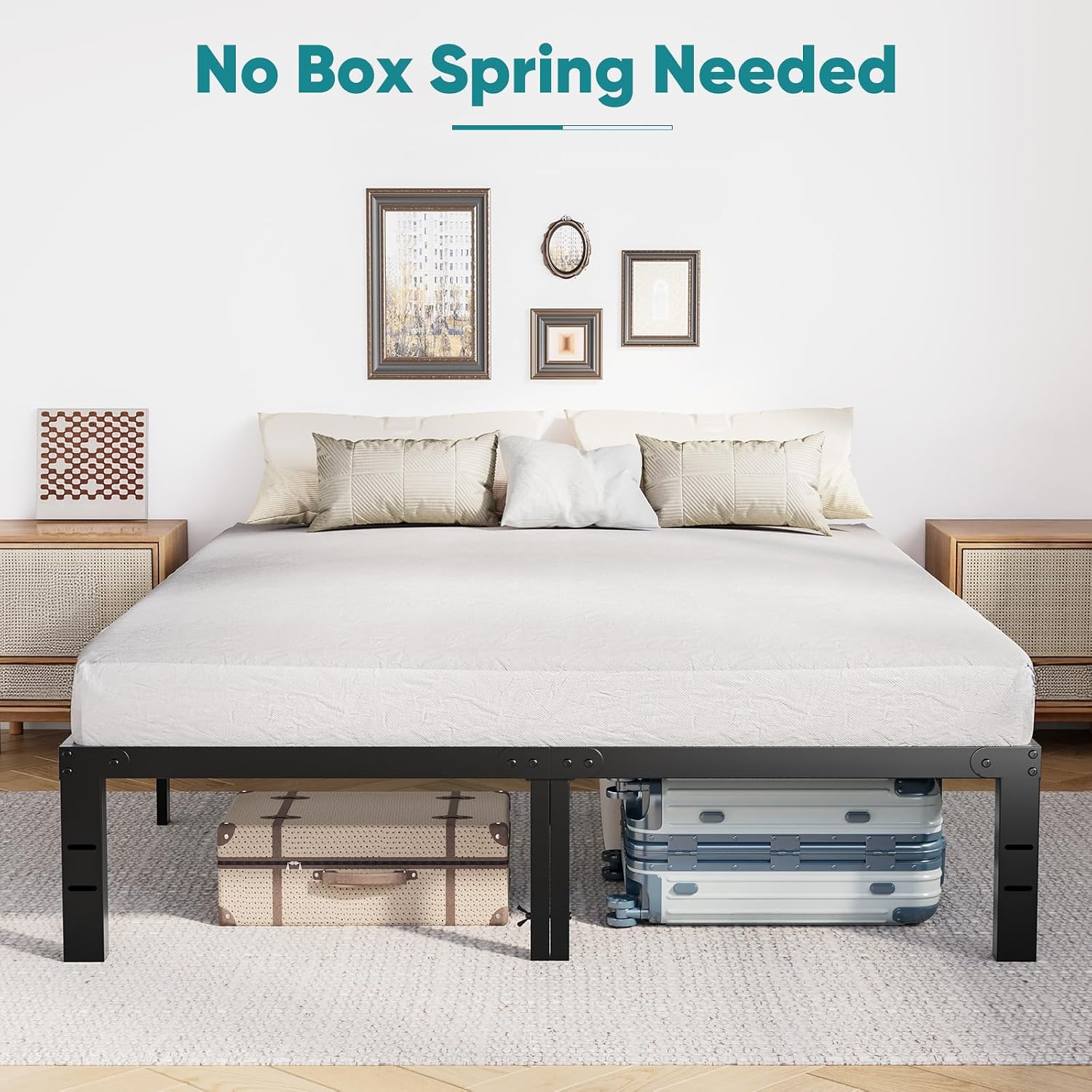  14In Metal Queen Bed Frame with Storage Space, No Box Spring Needed with Sturdy Steel Slat Support, Heavy Duty and Easy Assembly, Platform Bed for Bedroom, Black thumbnail