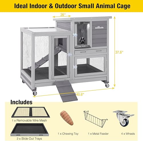 Miniatura 5 de Rabbit Hutch - Jaula de conejo para interiores, gran conejera para exteriores con ruedas, red de alambre extraíble que incluye