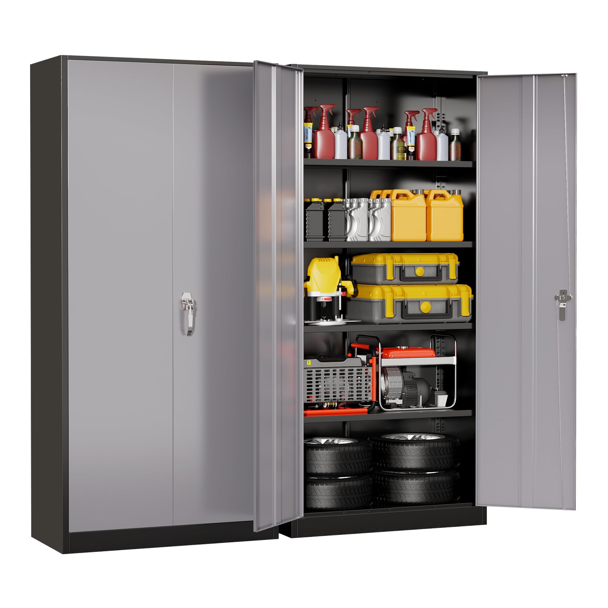Superday Metal Storage Cabinet with Lock, 72" H Garage Storage Cabinet with Doors and 4 Adjustable Shelves,Black Grey Steel Locking Cabinets for