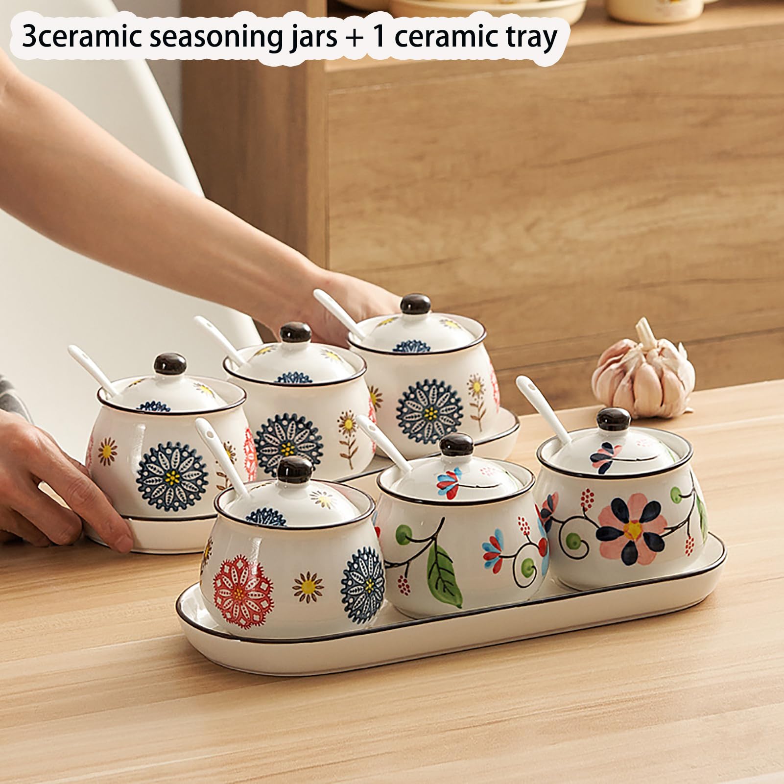 Lot de pots à épices en céramique avec plateau, peints à la main, ensemble de rangement de cuisine