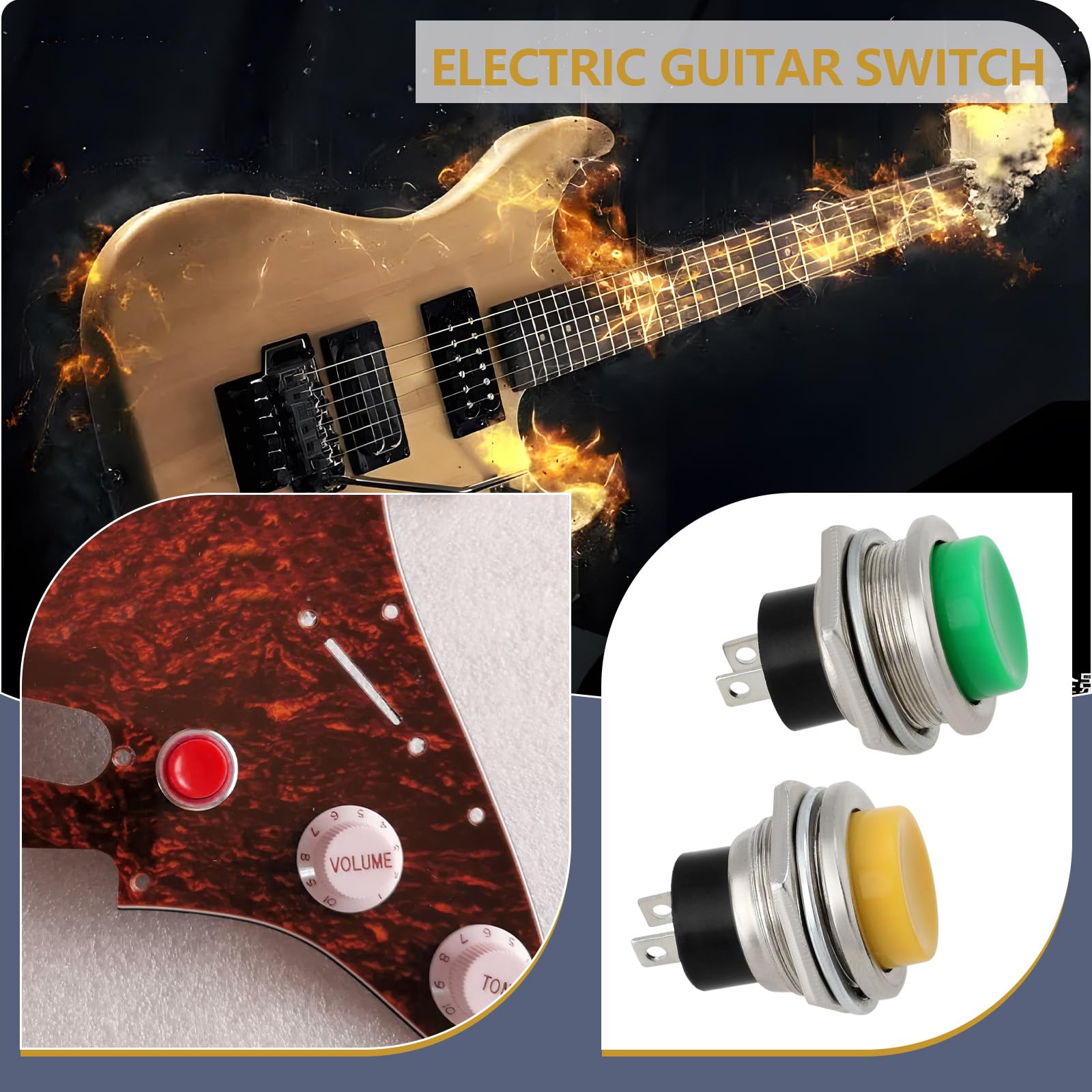 eMagTech 3PCS Electric Guitar Kill Switch Momentary Push Button Mounting Hole Diameter 16mm Button Diameter 13mm Length 24.6mm 1.5A250VAC 3A125VAC Yellow Red Green