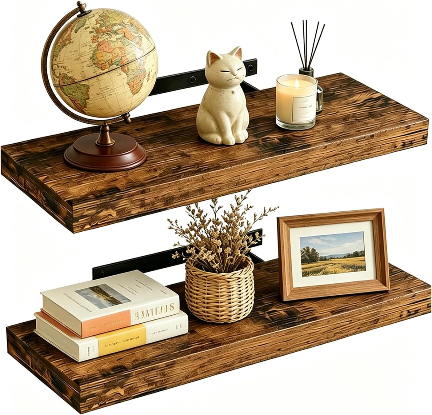 Floating Shelves for Wall, 2 Wooden Rustic Shelfs with Screw Mounted, Decorative Wall Mounted Shelves with Invisible Brackets for Bathroom, Bedroom, Kitchen, Office, Living Room (No engraving)