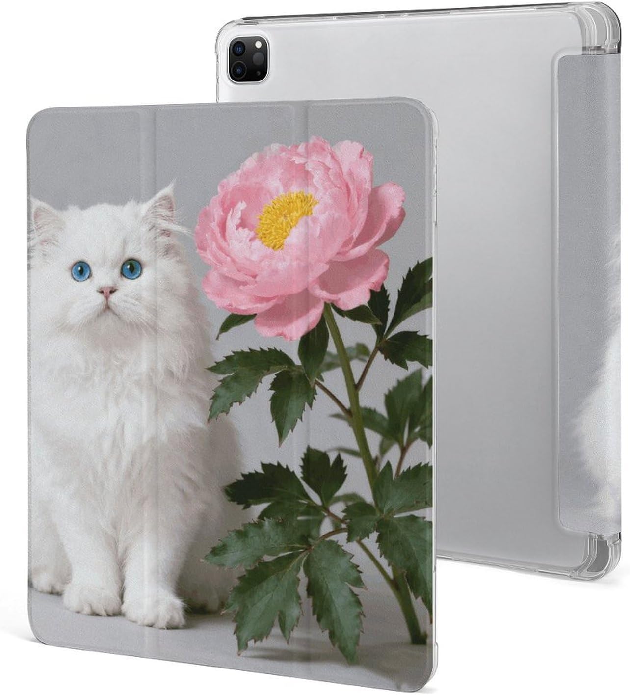 White Cat Peonies 12.9 in Trifold for iPad Case with Pencil Holder
