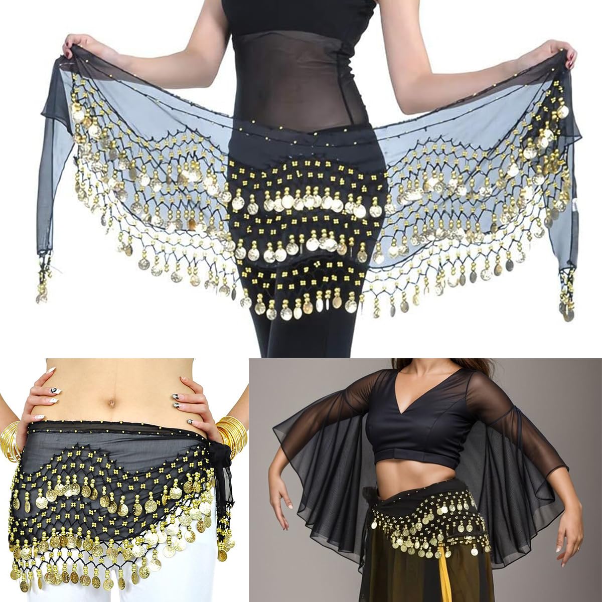Rakiuty Bufanda de Danza del Vientre,Bufanda de Danza del Vientre Mujer,Pañuelo Danza del Vientre,Cinturón Danza del Vientre,para Actuación Escénica,Actuación de Fiesta,con 1 Cinturón de Cabeza