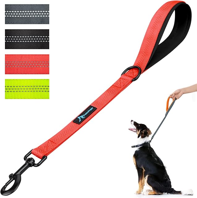 PuppyDoggy Short Dog Lead Padded Handle Dog Leash With 3 Reflective Thread for Large Medium Dogs Heavy Duty Dog Rope Double Layer Nylon Pet Leash Large for Walking Training (Red 1 pack - 18 in x 1 in)