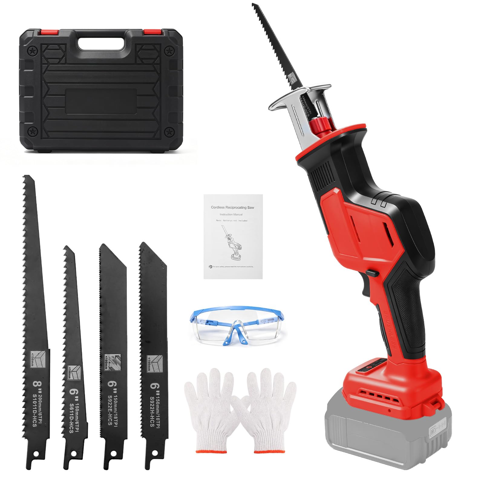 Scie sabre sans fil avec 4 lames pour Milwaukee 18V (sans batterie) | 600W, scie sabre, sans balais, LED, coffret plastique, pour bois et PVC