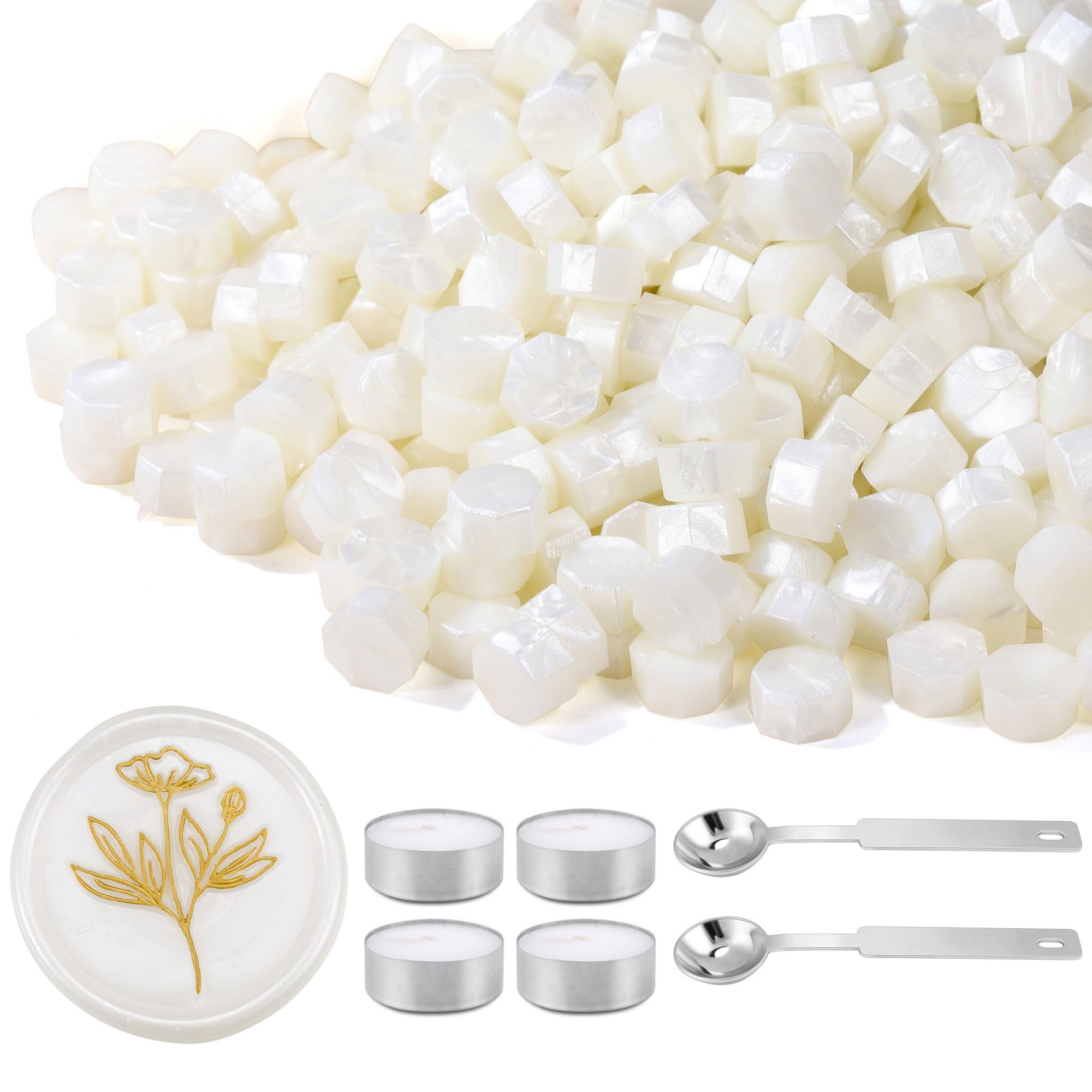 Yoption 360Pcs Peal White Sealing Wax Beads with 2 Spoons and 4 Tea Candles for Wax Seal Stamps, Cards, Wedding Invitations, Wine Packaging, Gift Wrap, Envelopes
