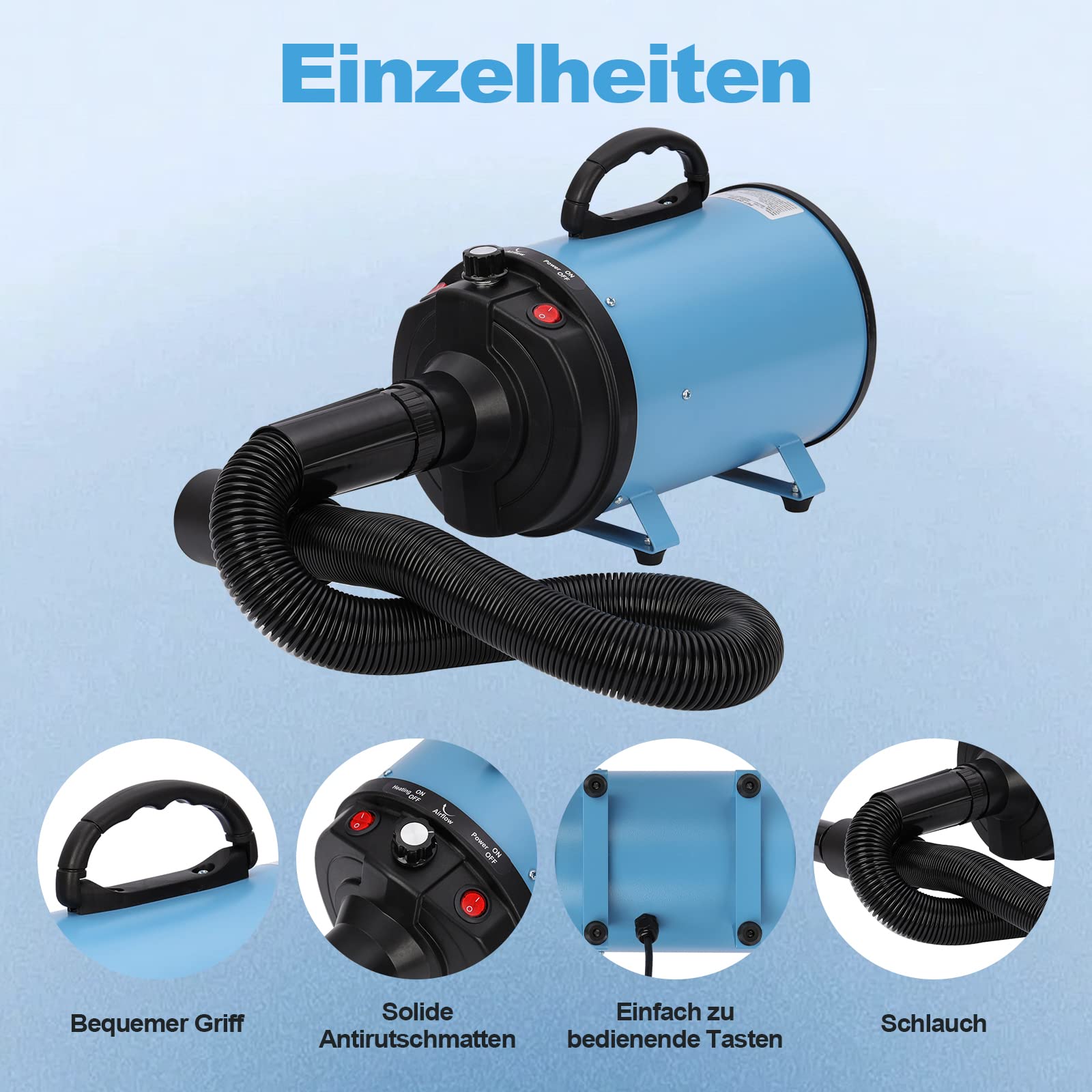 XKISS Soffiatore per Cani 3200W/4.5 PS, Asciugatore per Cani,Continua con velocità e Temperatura Regolabile Asciugacapelli per Animali Domestici, con 4 Ugelli Diversi (Blu)