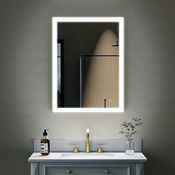 WELLFOR 24 x 32 Inch Wall-Mounted Framed Bathroom Vanity Mirror, Led Bathrrom Mirror, Smart Mirror with Lights for Bathroom, Dimmer Defogger Included, Vertical/Horizontal Installation, Gold