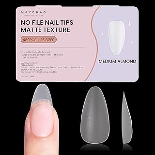 MAYCHAO Medium Almond Nail Tips - 480PCS No File Nail Tips Matte Full Cover Acrylic Nail Tips Clear Nail Tips for Soak Off Nail Extensions Kit, False Nails Acrylic Nail Tips, 15 Sizes