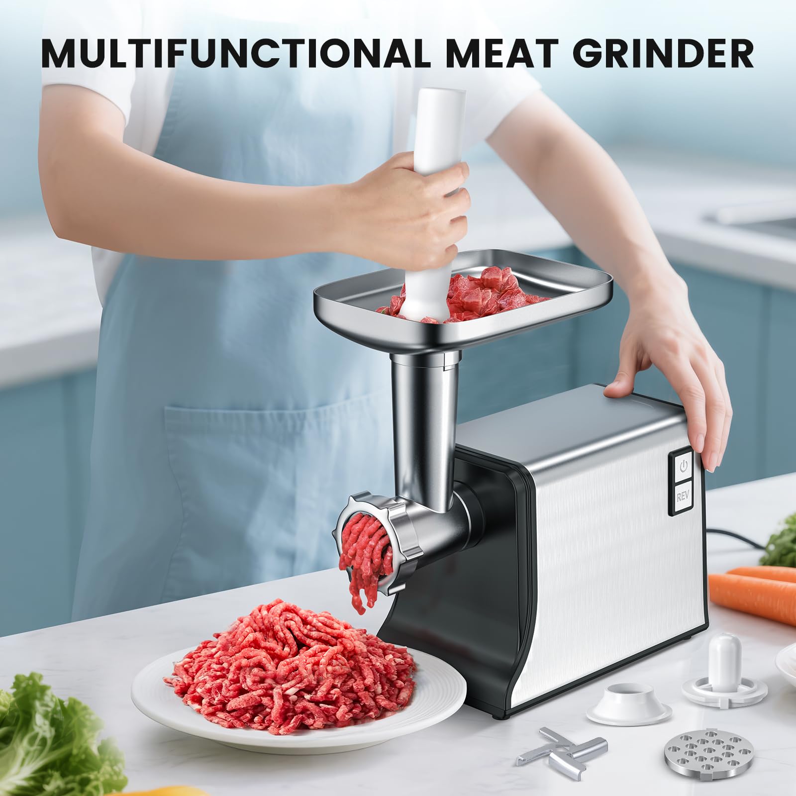Picadora de carne eléctrica 3000 W, con 3 placas de corte, 3 cuchillas y 3 tubos para embutidos, Picadora de carne multifuncional para uso doméstico