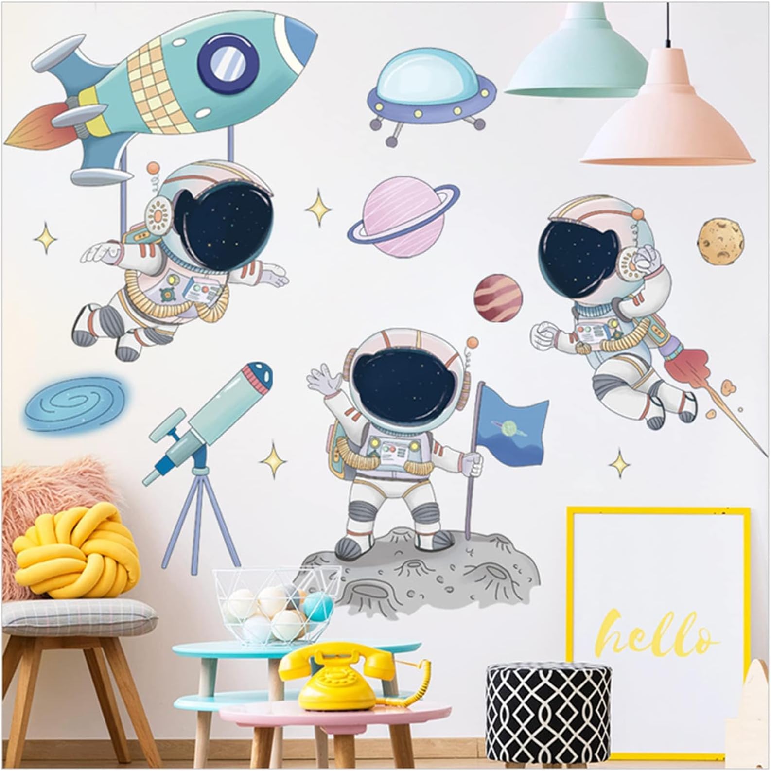 Bear Wall Decals Decor, Tedy Bear Sleeping on The Moon and Stars Wall Stickers for Kids Baby Room Decor Sweet Dream Moon Hot Air Star Baby Nursery Decor Baby Shower Room Kid Bedroom Playroom (SPACE)