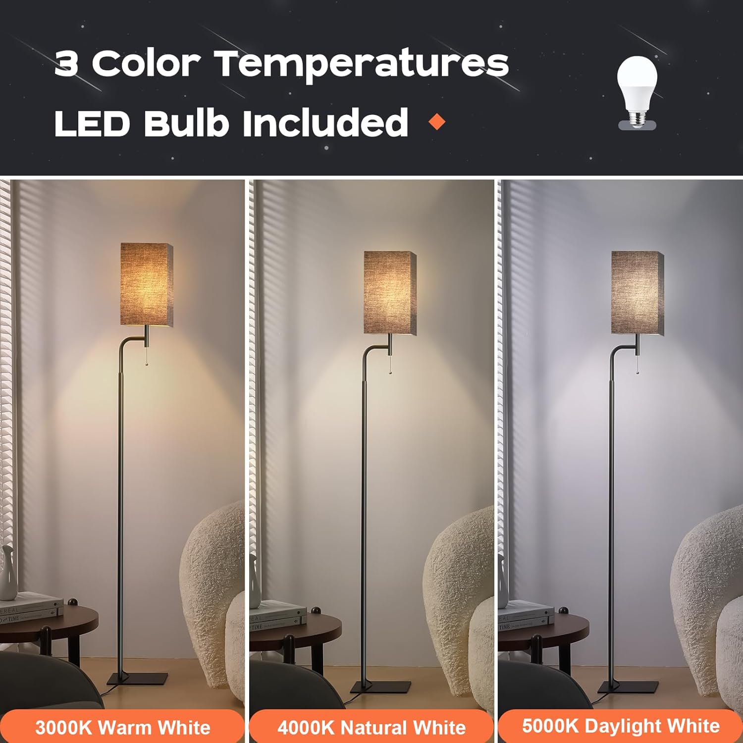 Modern Floor Lamp for Living Room, Black, 3 Color Temperatures, Linen Shade, Minimalist Design, Tall Lamp for Reading, Office, Bedroom
