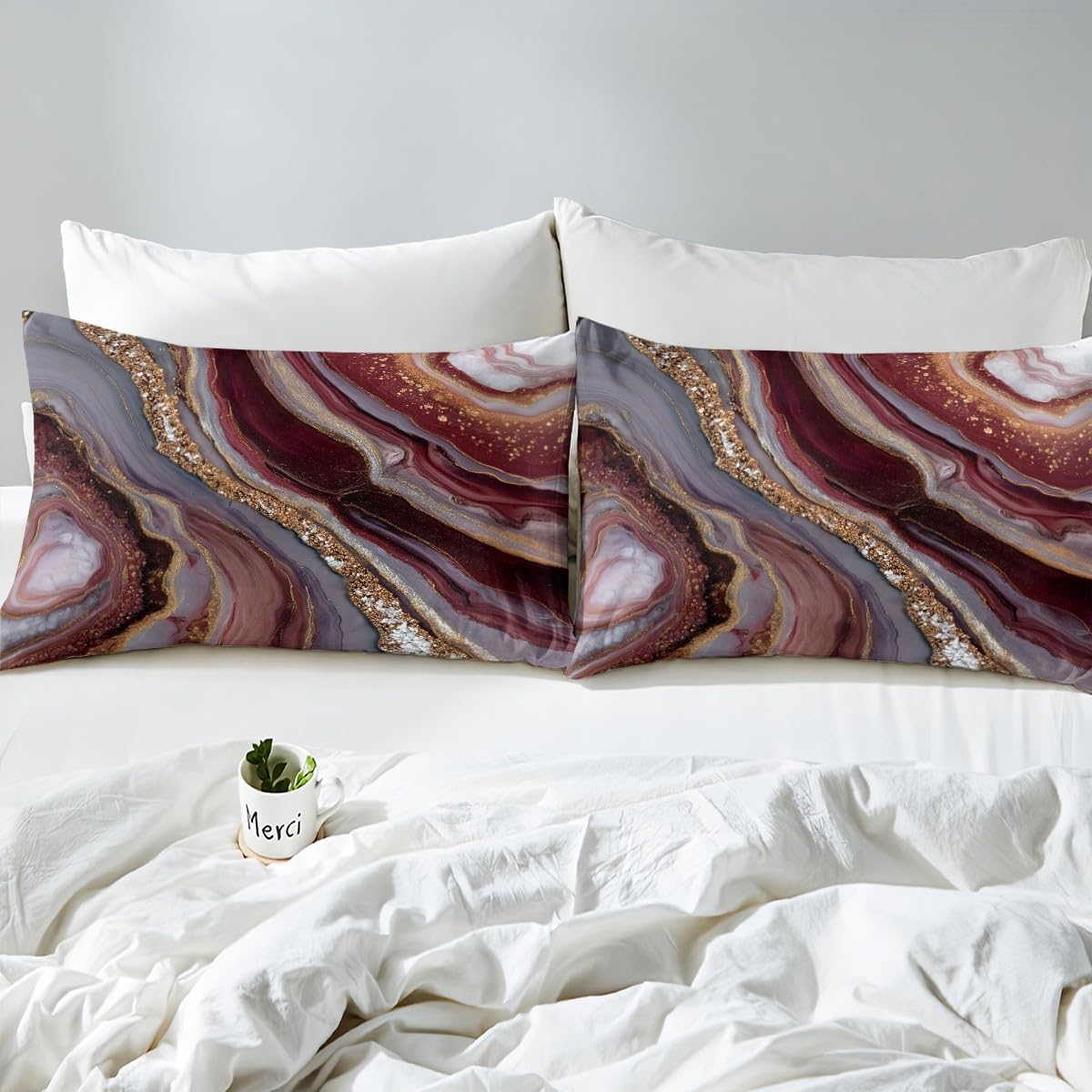 Erosebridal Reddish Brown and Gold Marble Full Bedding Set | Gradient Marbling Bed Sheets, Golden Glitter Print Abstract Fitted Sheet for Bedroom, Marble Stone Sheets