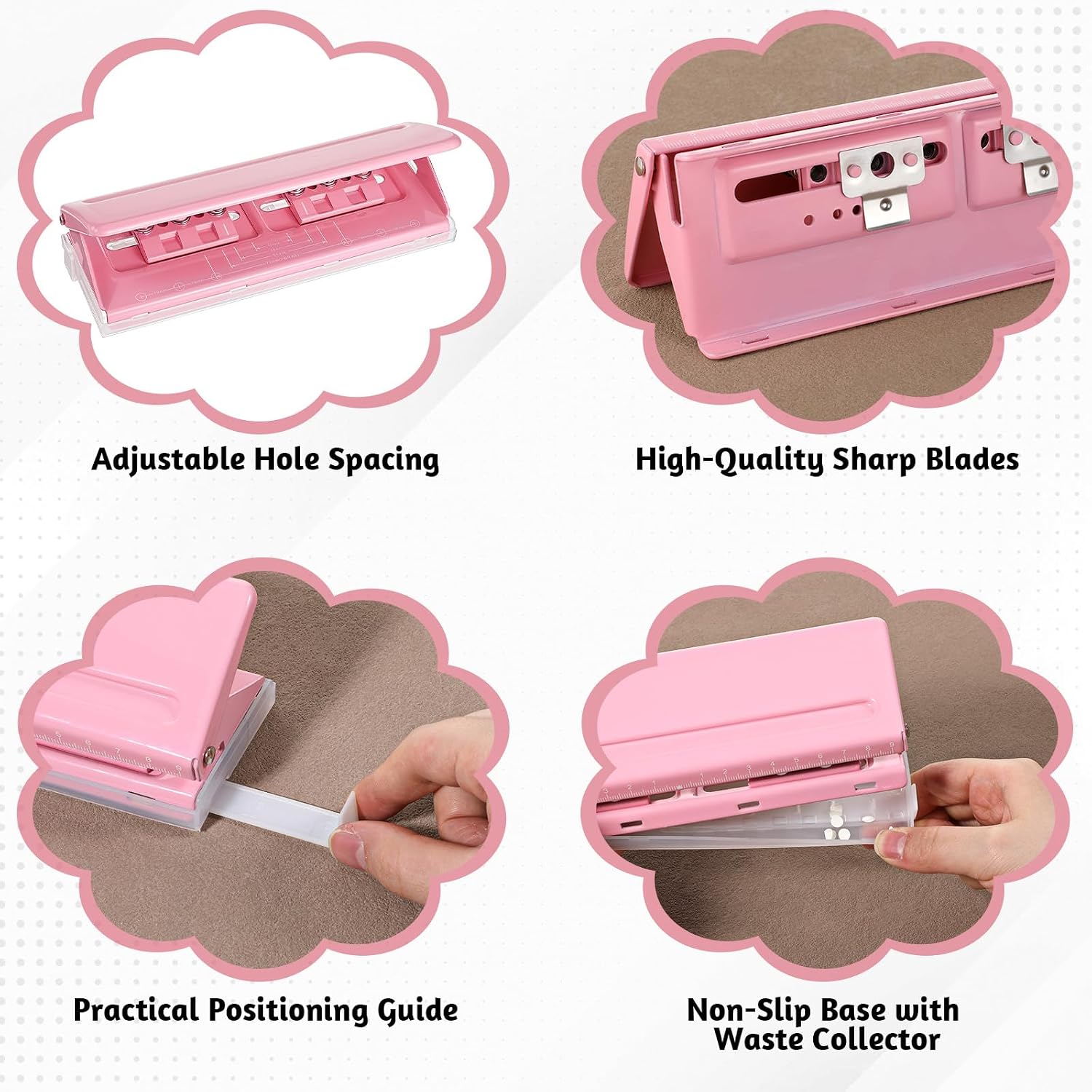 Pink Adjustable 6-Hole Punch, Metal Hole Puncher with 6 Sheet Capacity for A4/A5/A6 Personal & Pocket Planners 6-Ring Binder Puncher with Non-Slip Base Ruler & Hole Guide