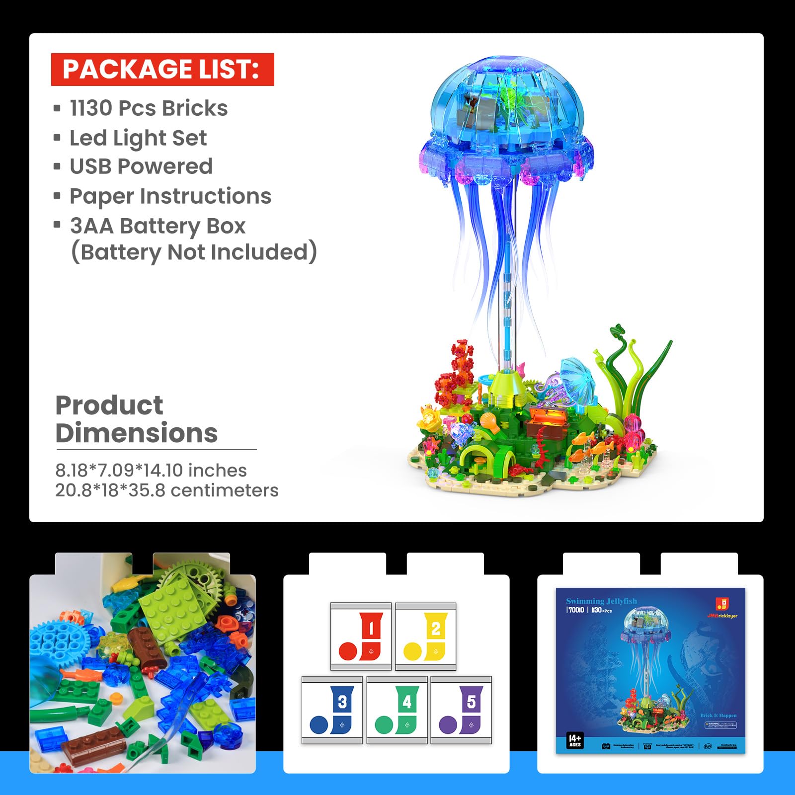JMBricklayer Jellyfish Building Set with LED Lights, Ocean Animal Collection Toy, Floating Jellyfish Lamp, Sea Creature Display for Adults, Home & Office Decor, Creative Gifts for Boys Girls 14+