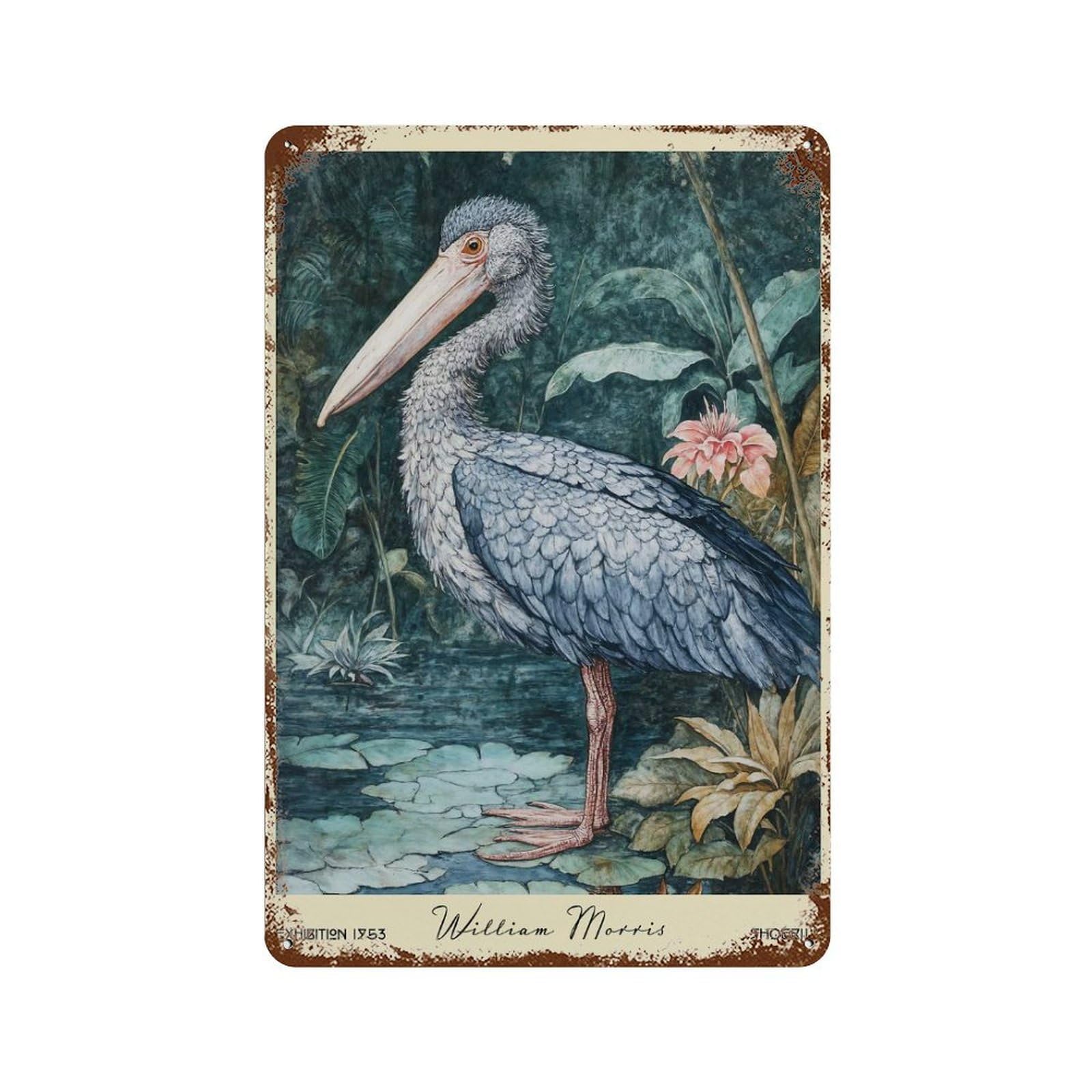 Shoebill William Morris Botanical Rustic Tin Plaque 11.8"x7.9", for Pub, Kitchen And Man Cave Decor, Vintage Wall Decor