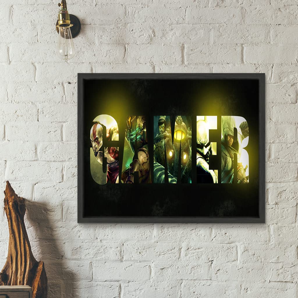 VERRE ART Printed Framed Canvas Painting for Home Decor Office Studio Wall Living Room Decoration (22x14inch Black Floater) - God_of_War-Dead_Space-BioShock_2