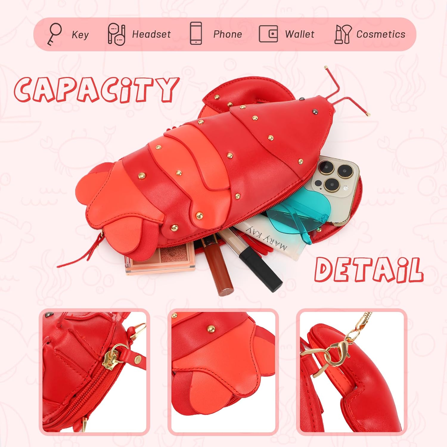 GOKTOW Lobster Coin Purse, Novelty Purse,Unique Purses for Women,Fun 3D Stuffed Animal Handbag Shoulder Bag