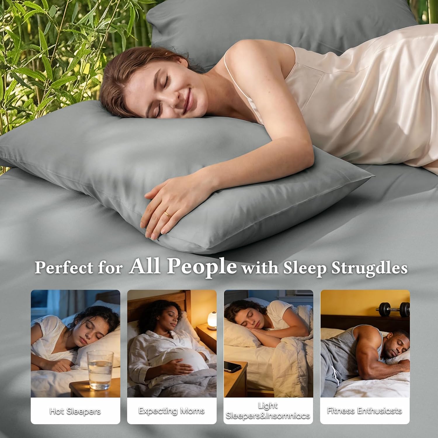 David's Home Cooling Fitted Sheet Queen Size, 100% Rayon Derived from Bamboo, 16" Deep Pocket 2.5cm Wider Elastic, Luxury Smooth Silky Soft Breathable Bottom Sheet for Hot Sleeper, Grey